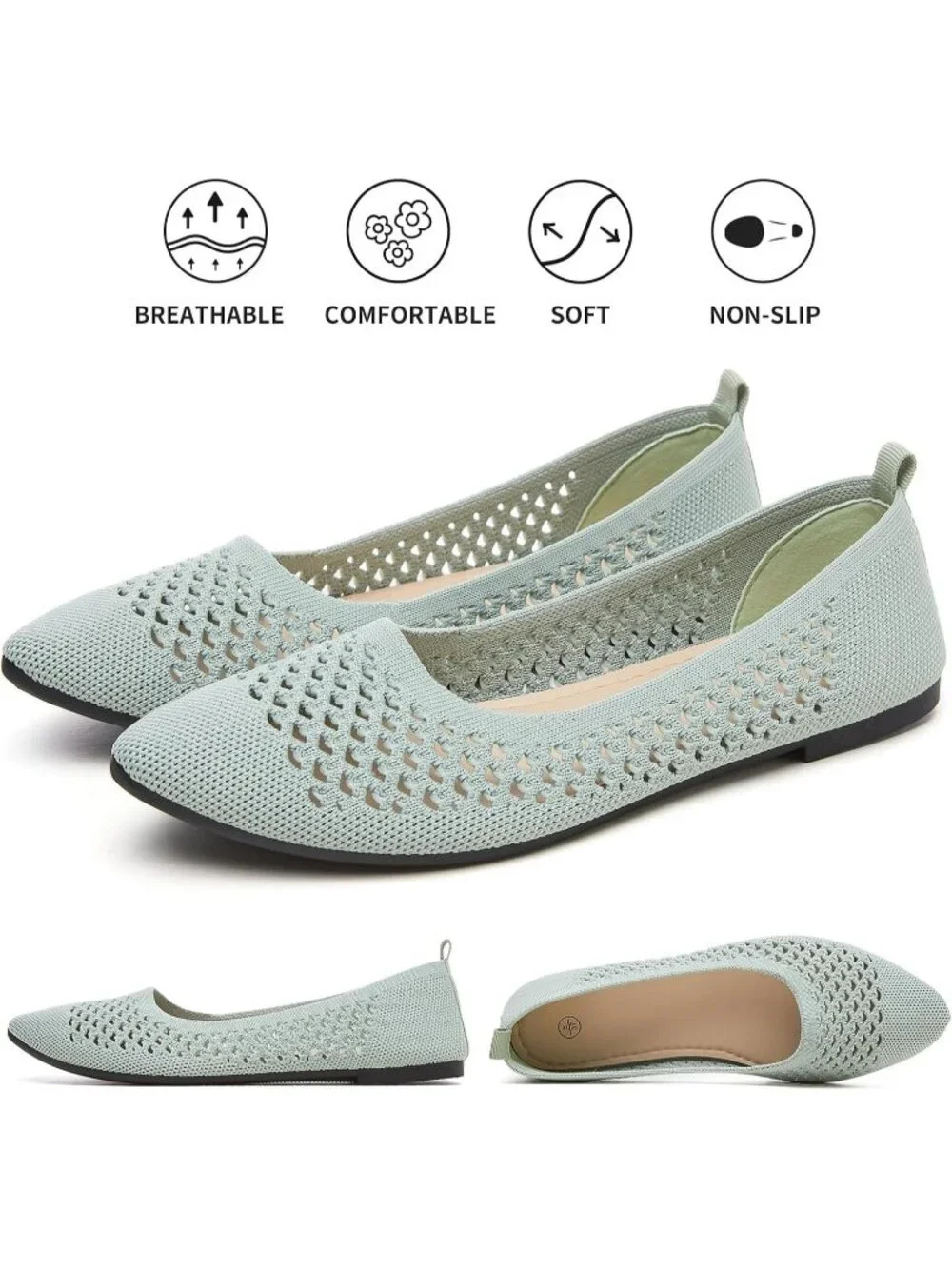 Women's Light Green Comfortable Pointed Toe Slip On Business Casual Ballet Flats